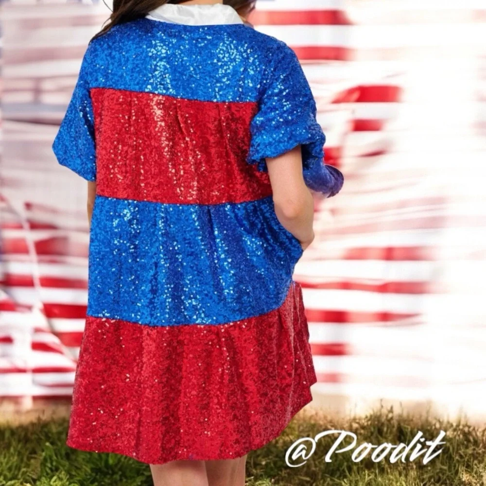 Peach Love California Red and Blue Sequin Mini Dress S M L - Picture 4 of 8